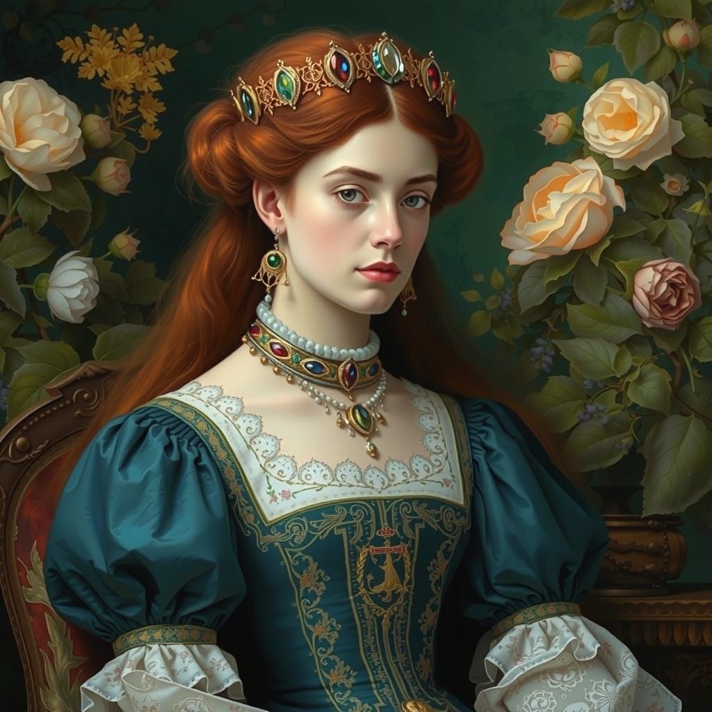 Regal Queen Portrait in Pre-Raphaelite Style