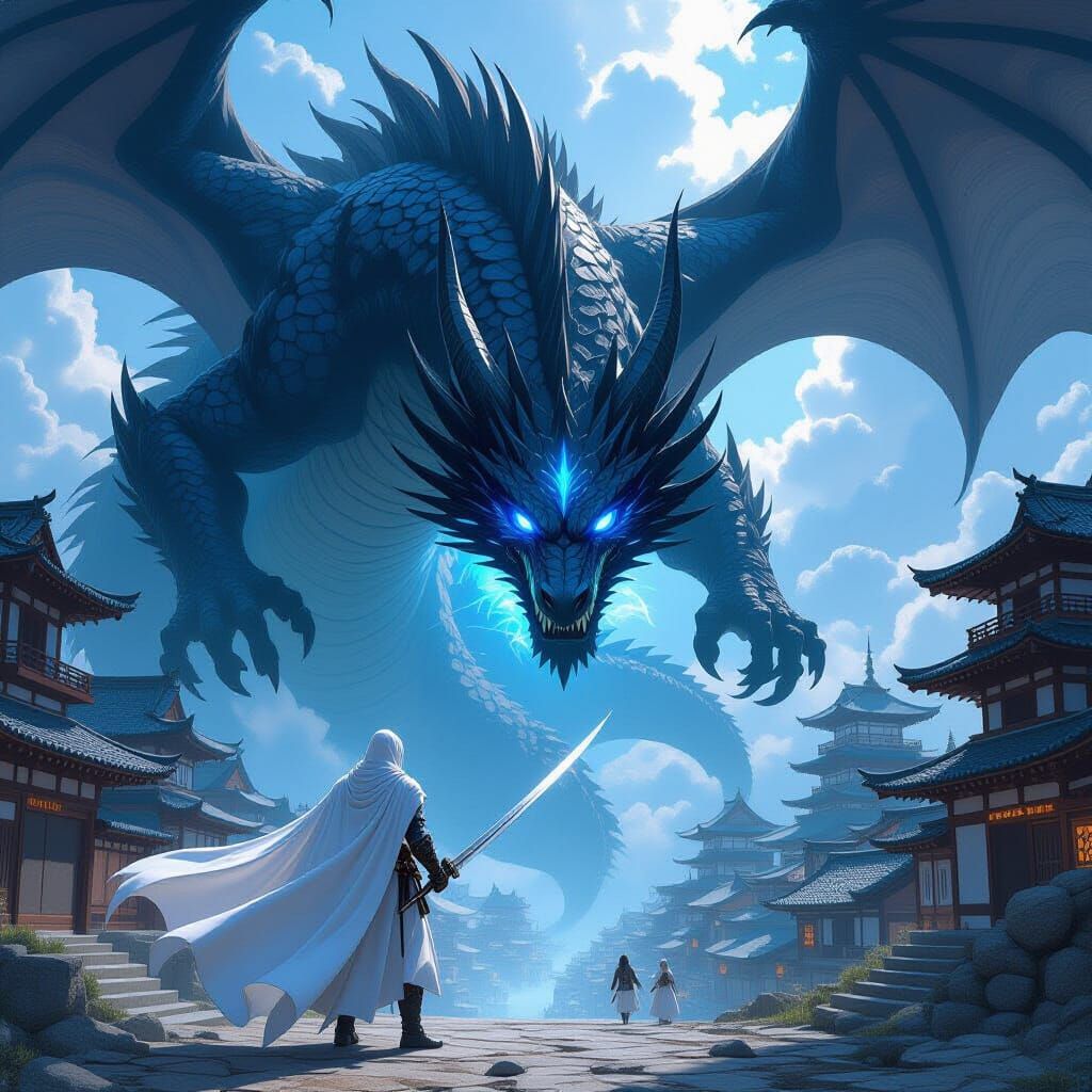 Knight Battles Giant Blue-Eyed Dragon Over Japanese Village