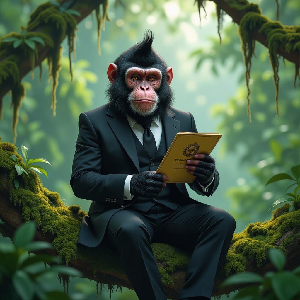Macaque in Suit Holds Copyright Certificate in Jungle