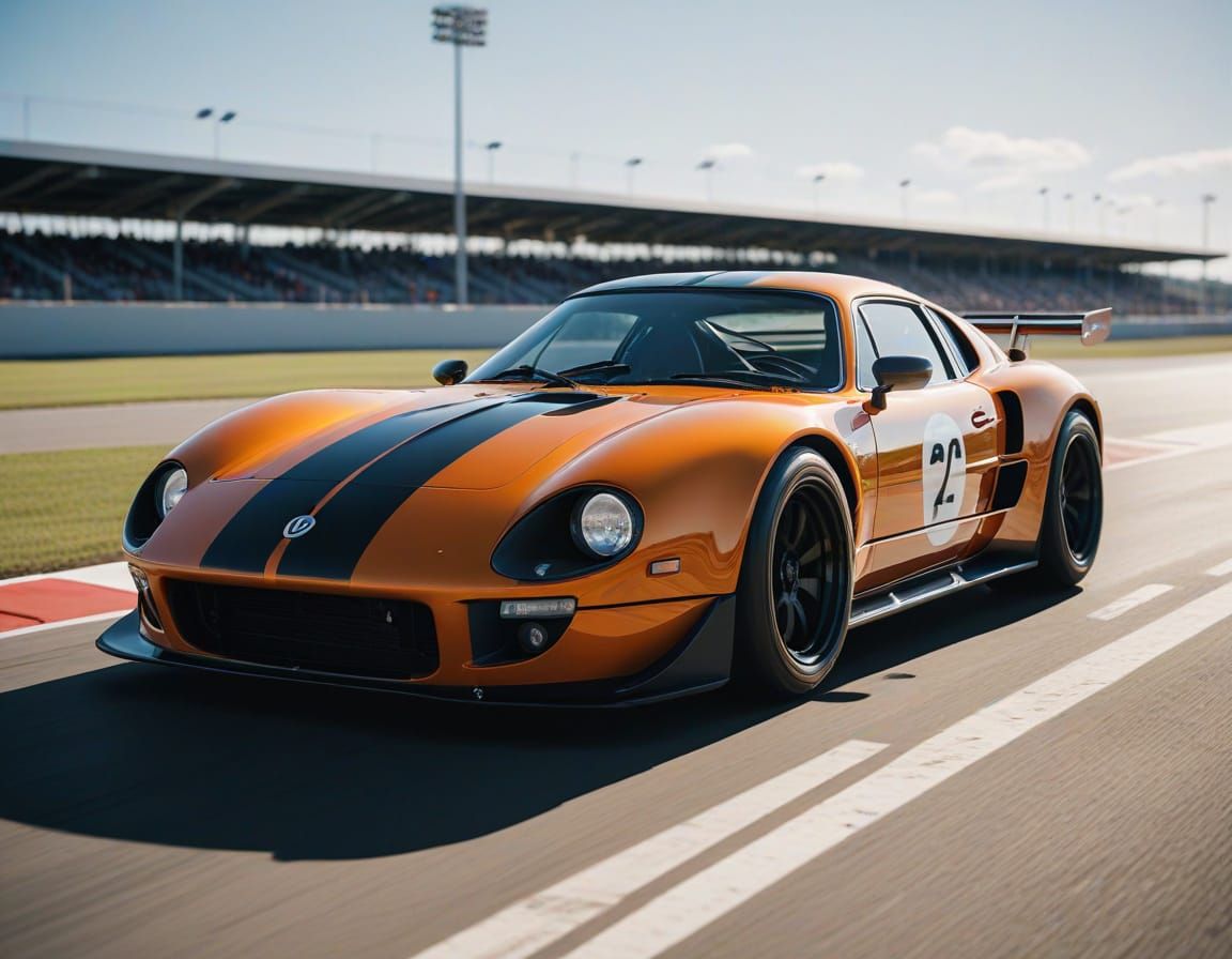 Golden Orange Retro Sports Car on Race Circuit