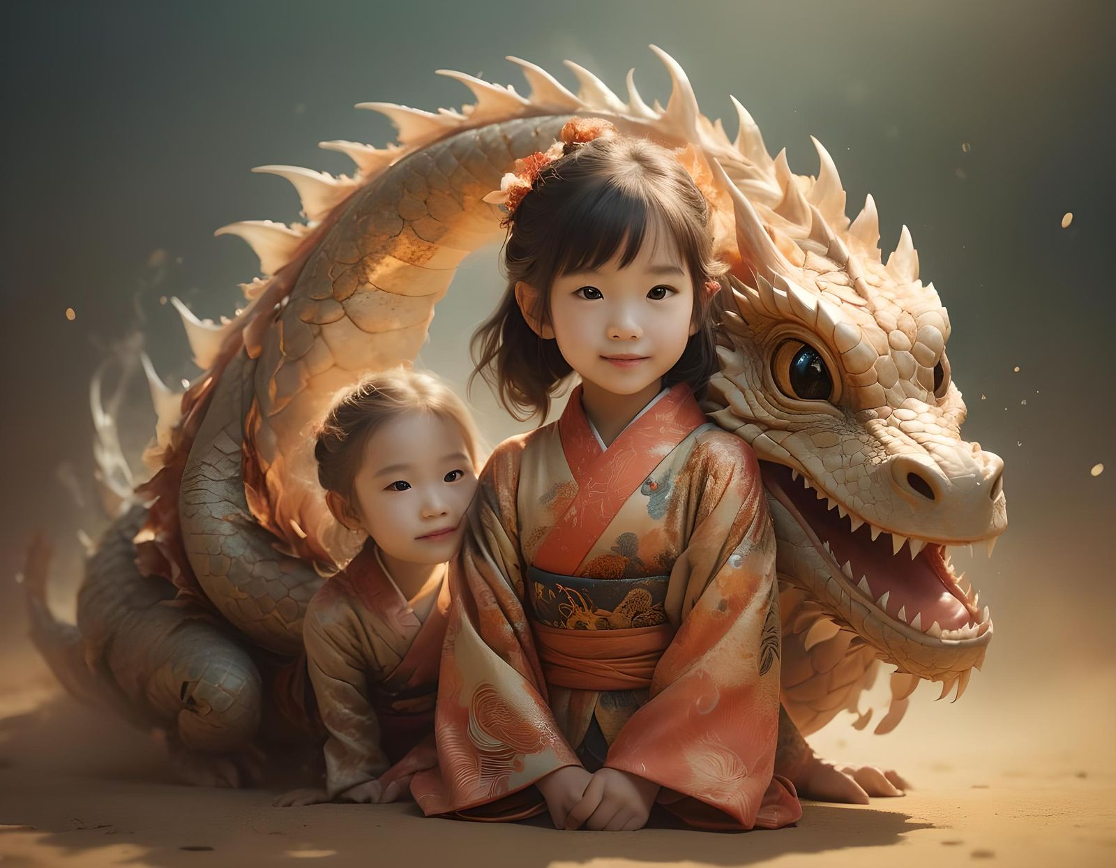 Girl and Dragon Hatchling Portrait in Dreamlike Fantasy