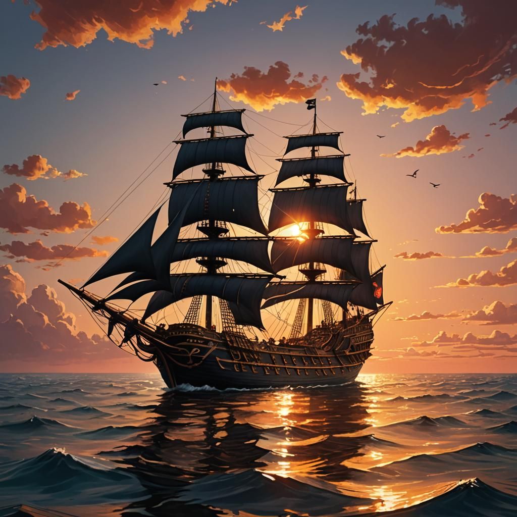 Black Pearl Pirate Ship at Sunset: Digital Painting
