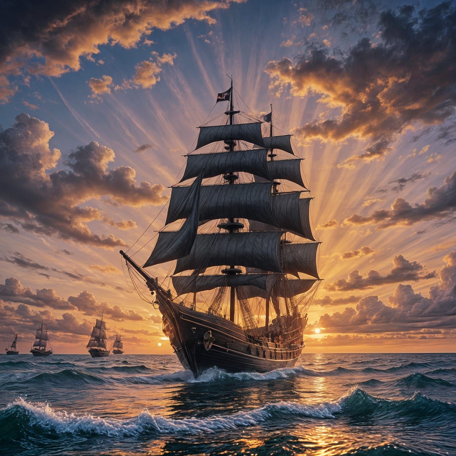 Black Pearl Ship Silhouetted at Sunset