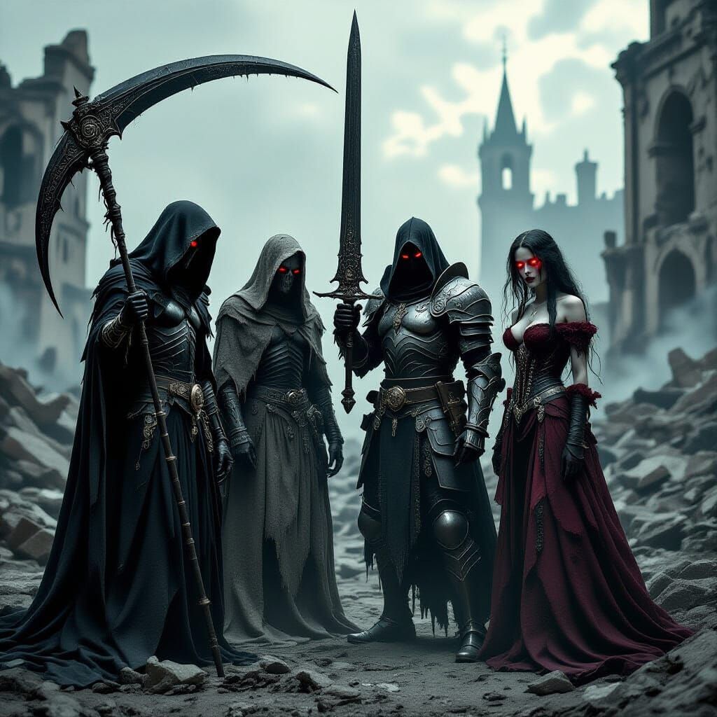 Apocalyptic Horsemen Amidst Ruins: Dark Fantasy