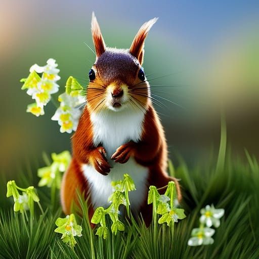 Chibi Squirrel in Cowslip Field, Digital Painting