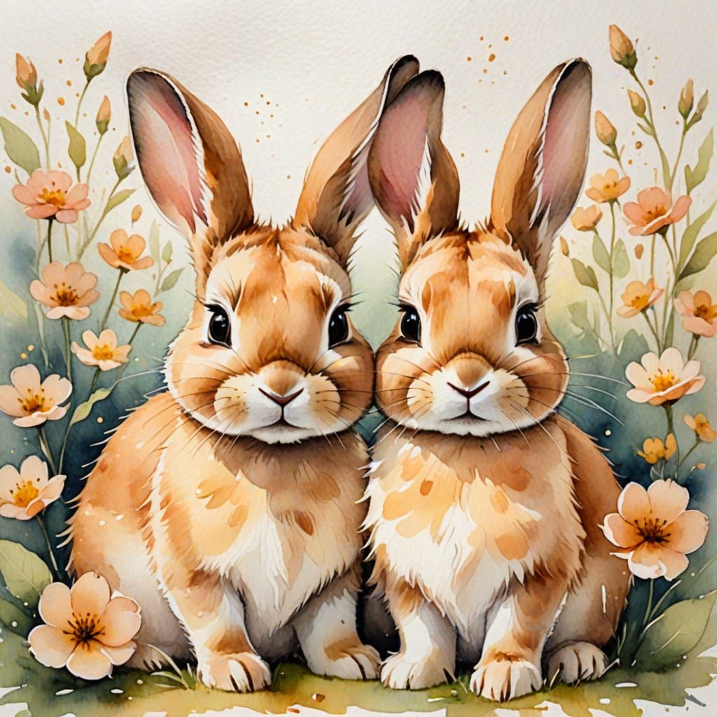 Whimsical Watercolor: Two Baby Bunnies in Pastel Hues
