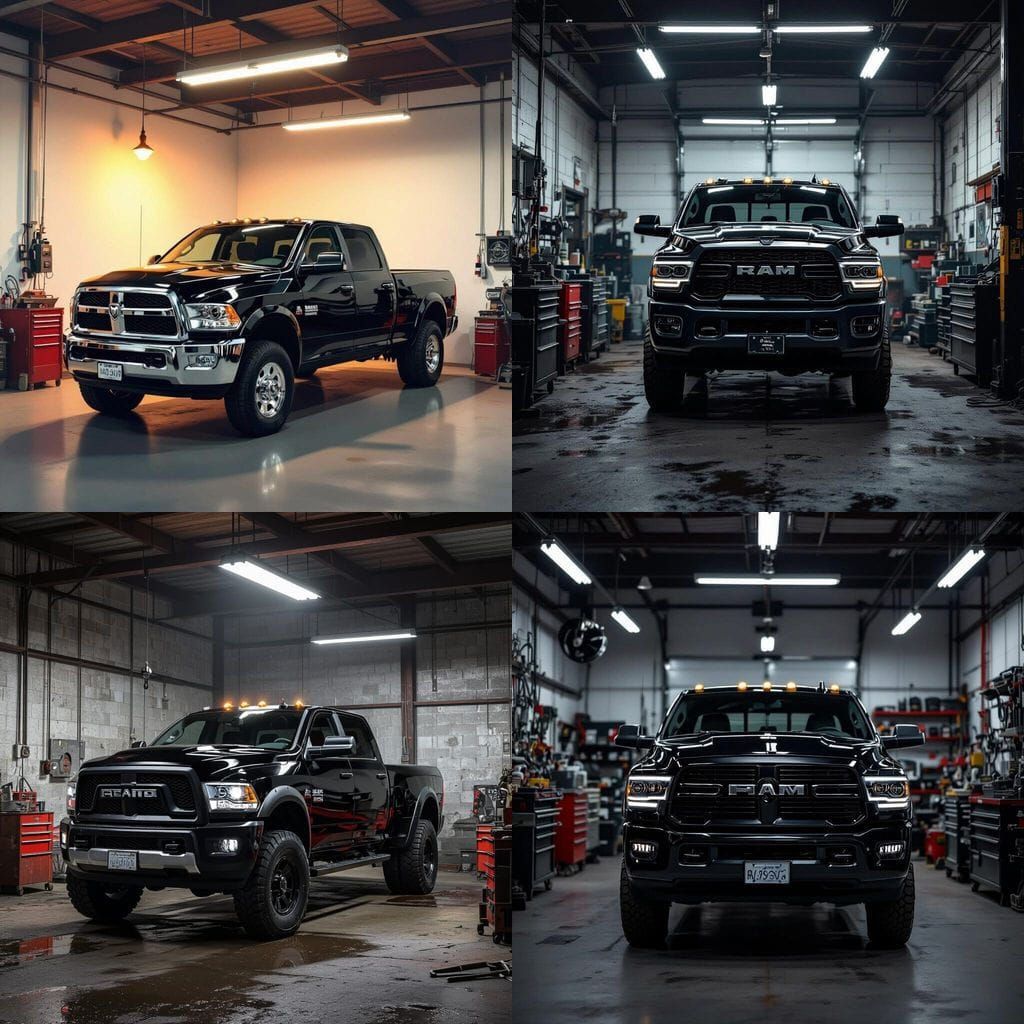 Black Dodge Ram 3500 in Auto Repair Shop