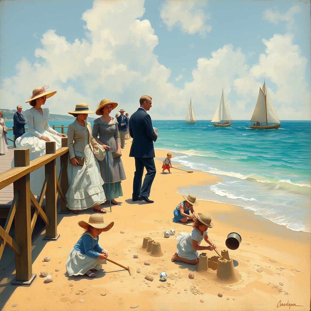 Victorian Seaside Scene in Impressionist Style