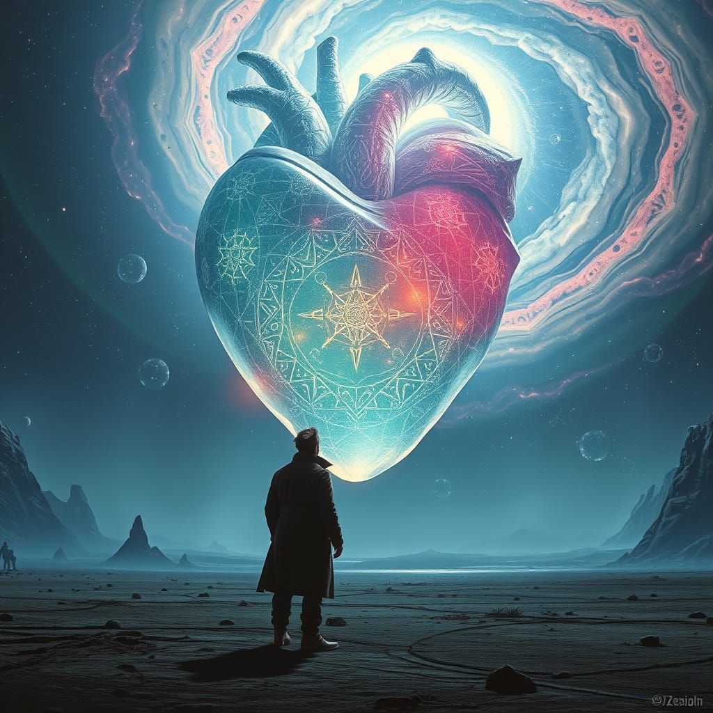 Explorer Gazing at Crystal Heart in Cosmic Horror Style