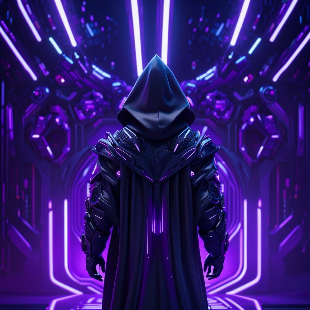 Man in Hooded Robe in Cyberpunk Sci-Fi Scene