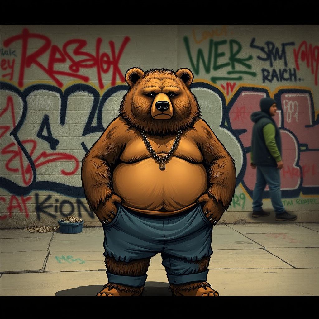 Cartoon Bear Gangster in Front of Graffiti Wall