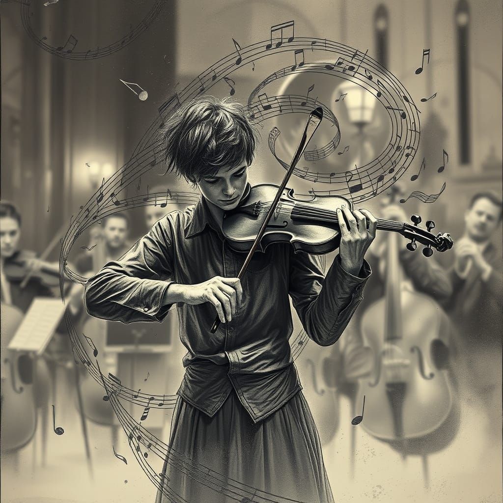 Violinist Surrounded by Swirling Musical Notes in Charcoal S...