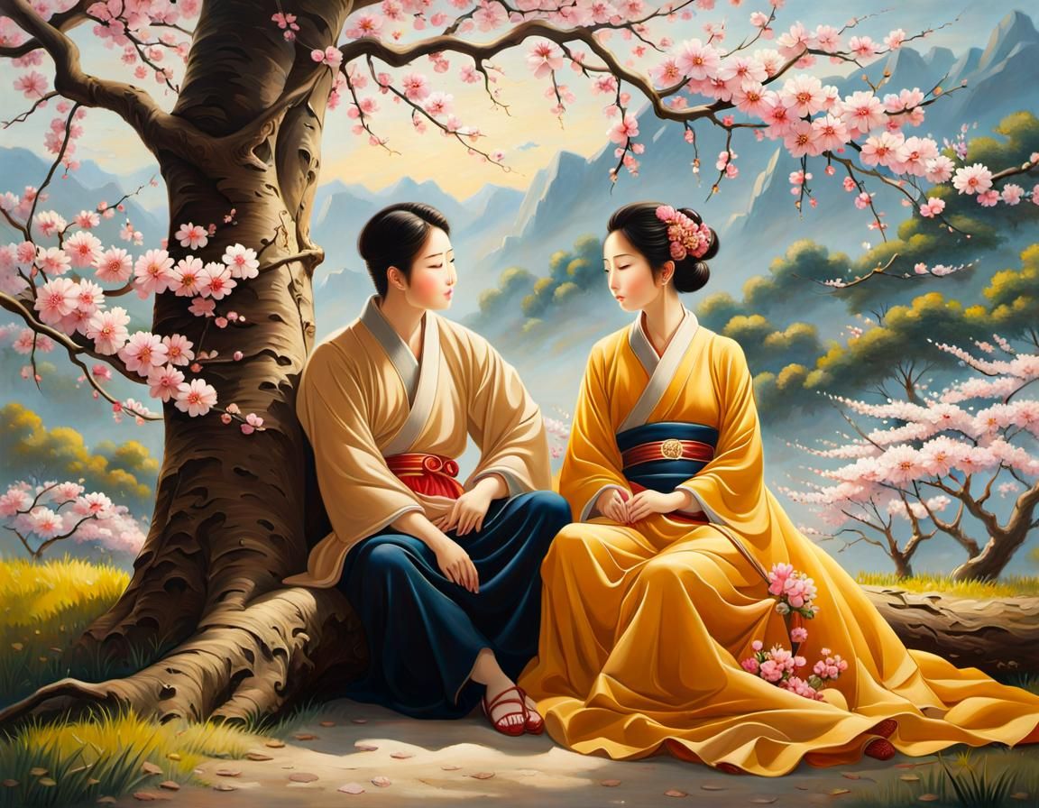Couple Under Cherry Tree: Oil Painting Style
