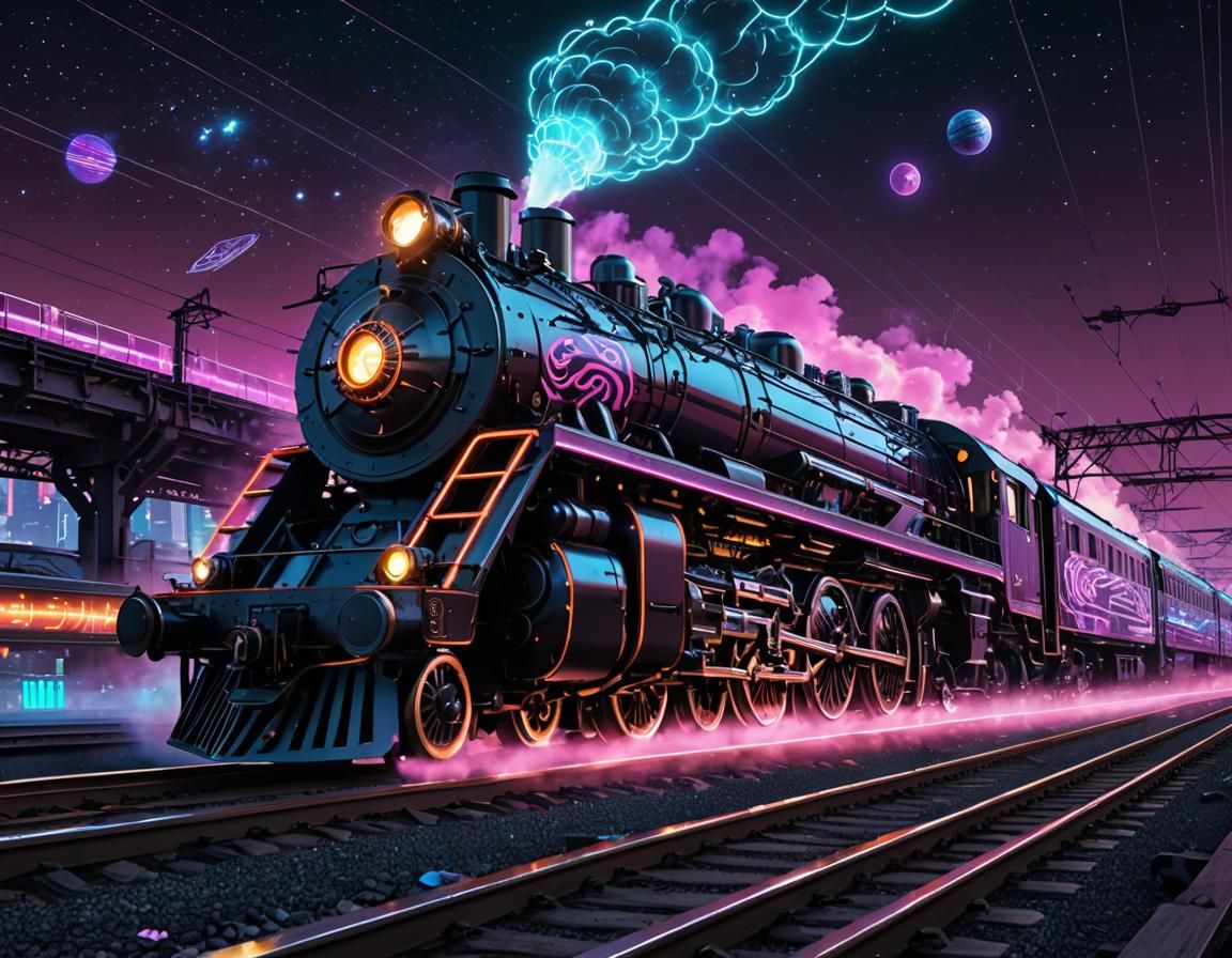 Cyberpunk Steam Locomotive in Neon Astralscape