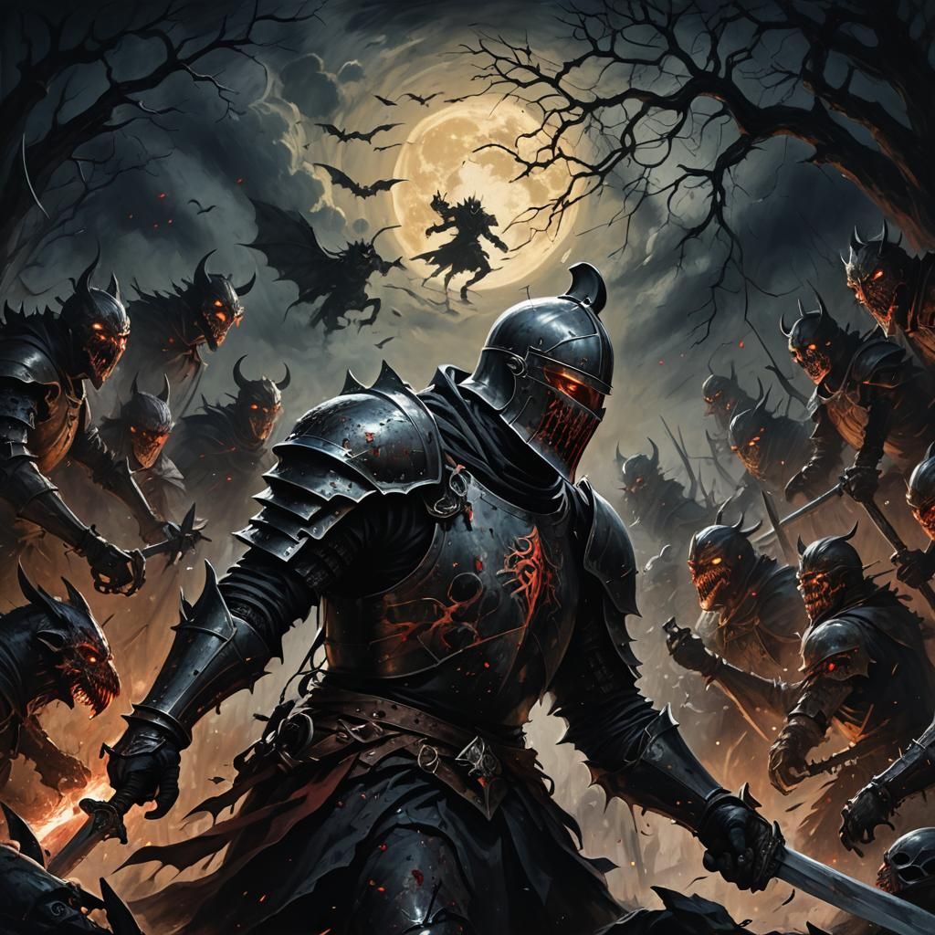 Knight Battles Creatures in Dark Fantasy Painting