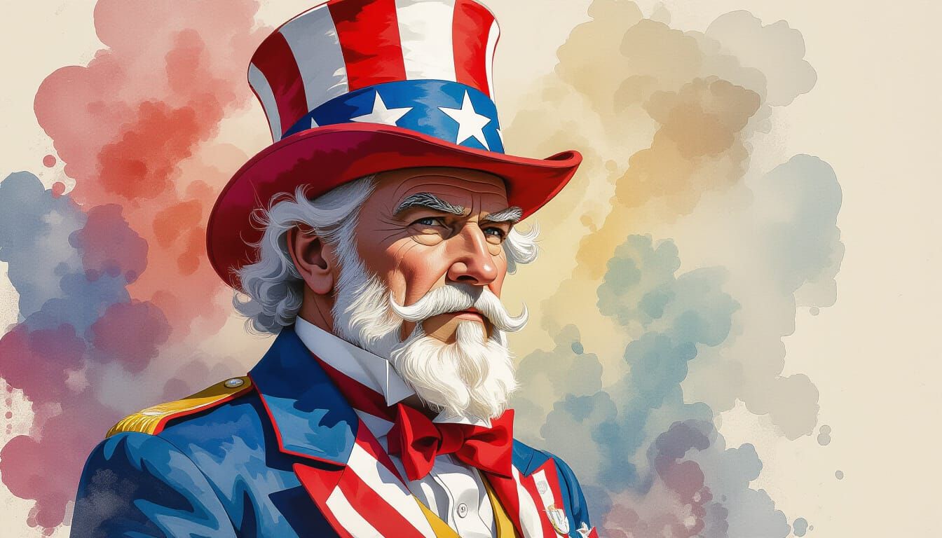 Watercolor wet painting of American Uncle Sam in red, white ...