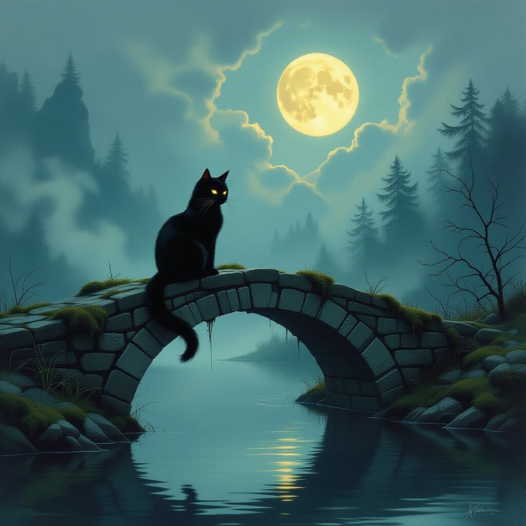 Spectral Cat on Mossy Bridge in Ethereal Moonlight