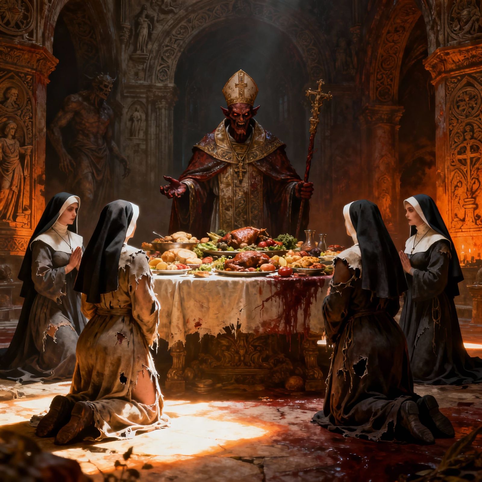 Demonic Pope & Nuns in Temple with Food