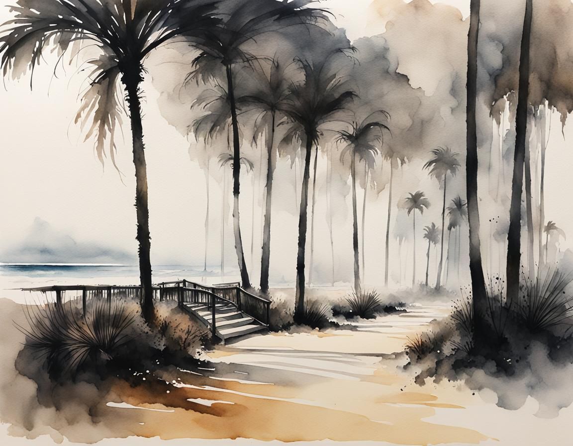 Smoky Beach Promenade in Ink and Watercolor