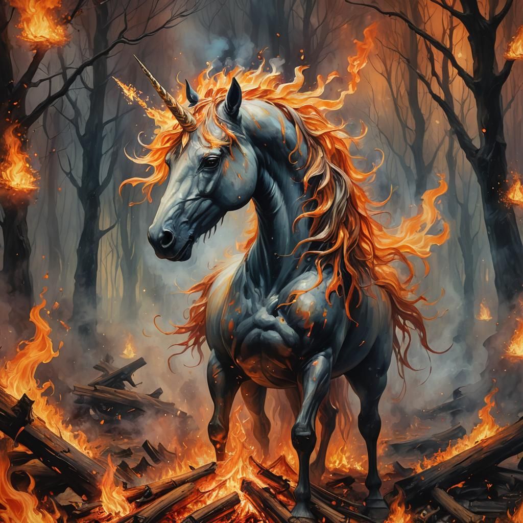Fiery Unicorn and Smoke Fairies in Expressionist Style