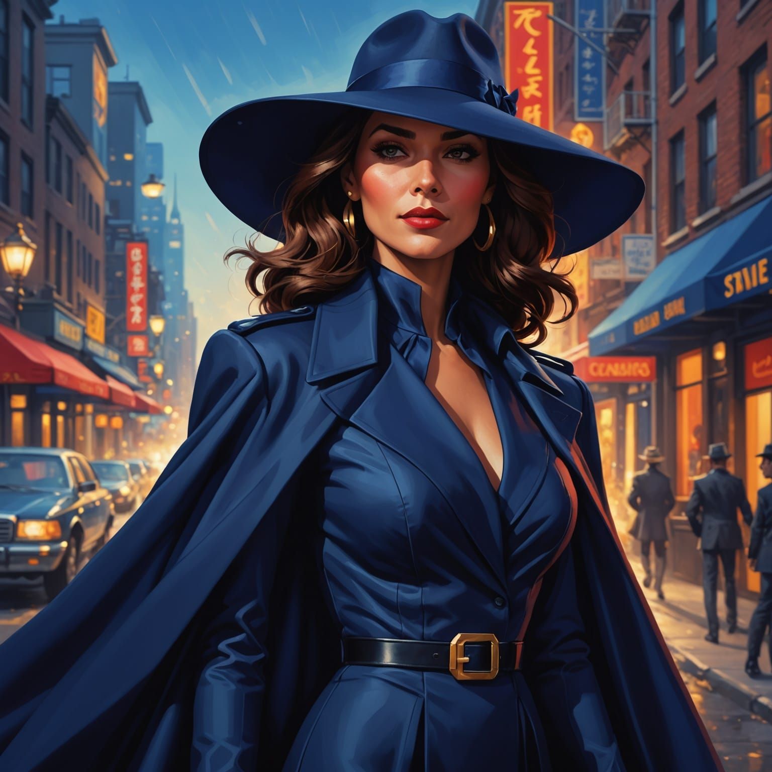 Carmen Sandiego in Elegant Navy Blue Evening Attire