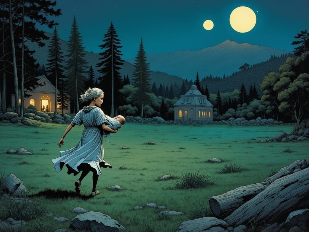 Mystical Moonlit University Quadrangle in Rackham Style