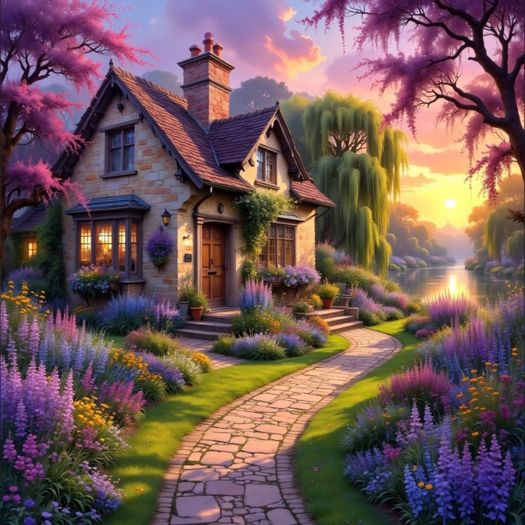 Picturesque Stone Home with Flowers at Sunset