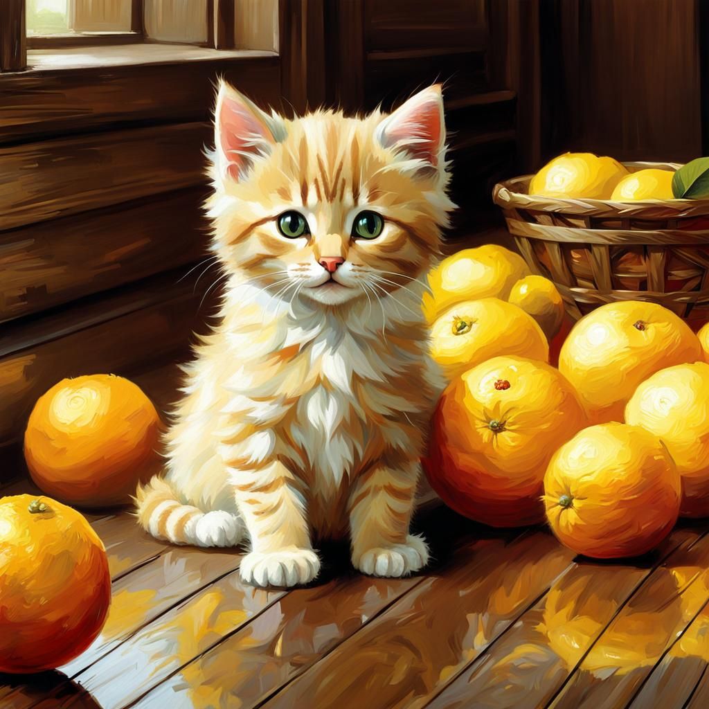 Two Fluffy Kittens Among Oranges and Lemons