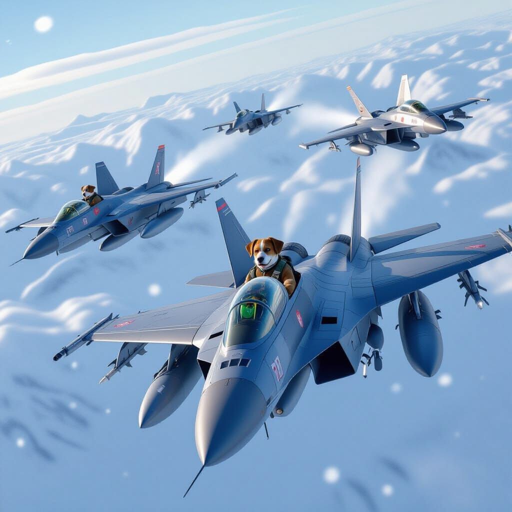 Fighter Jets with Dogs on Snowy Day, Realistic