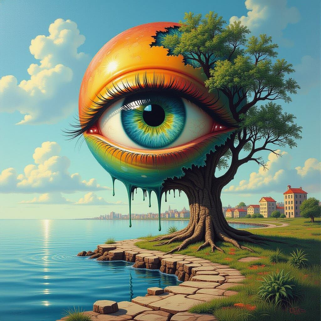 Eye in Tree: Surreal Dripping Paint Landscape