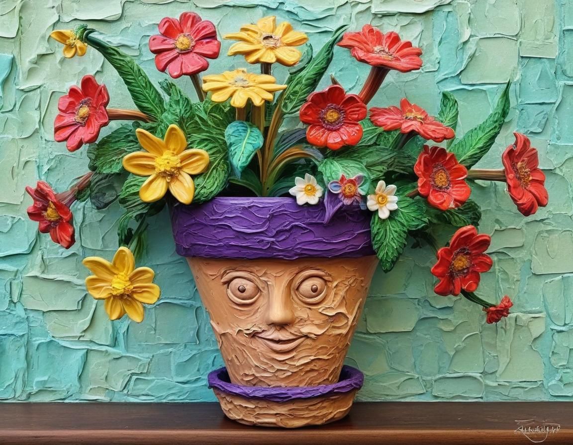 Surreal Whimsical Impasto Flower Pot