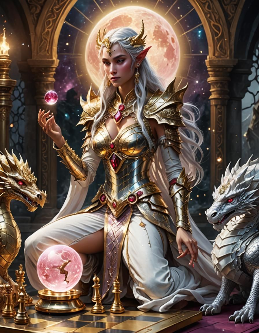 Elf Goddess and Moon Dragon Fantasy Art