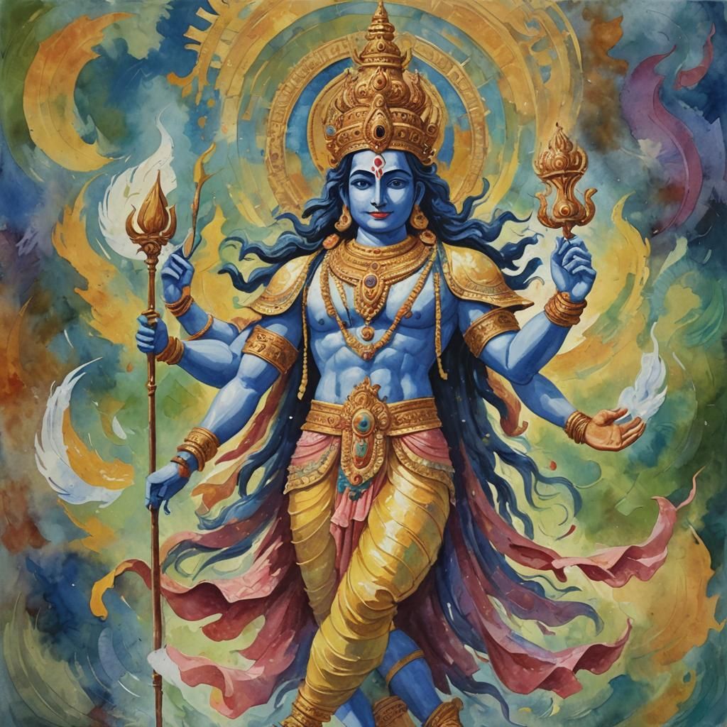 Vishnu in Gouache and Watercolor Style