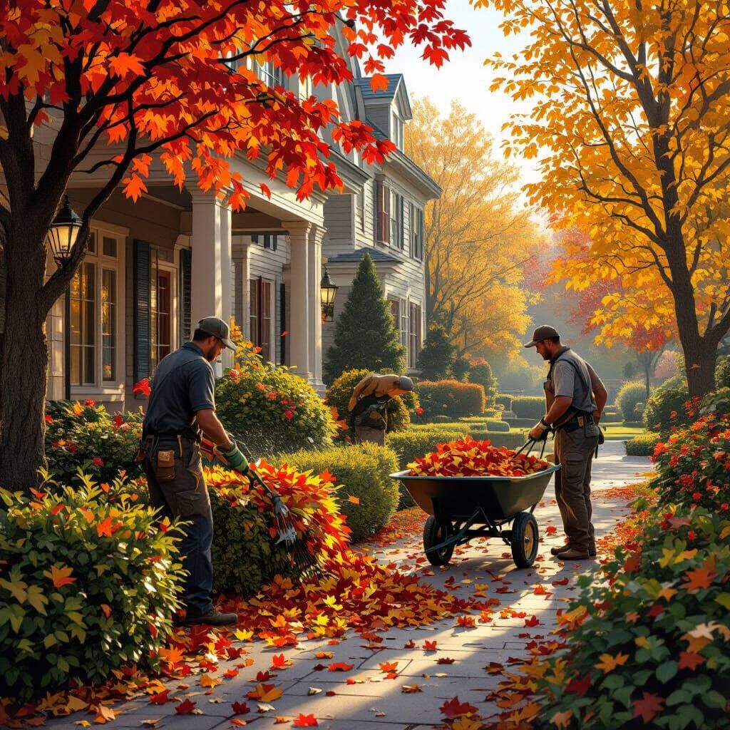 Fall Cleanup Landscaping Crew Trimming Hedges