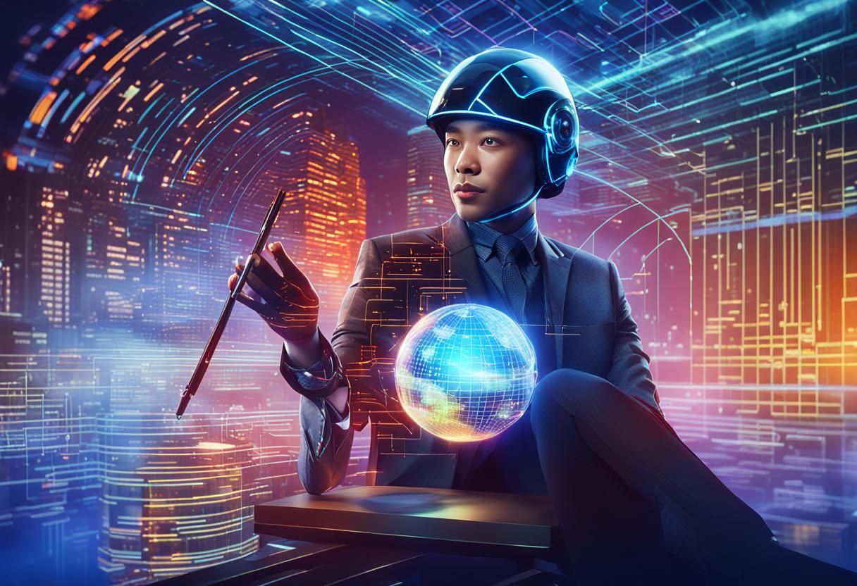 Futuristic AI Teacher in Metallic Cityscape