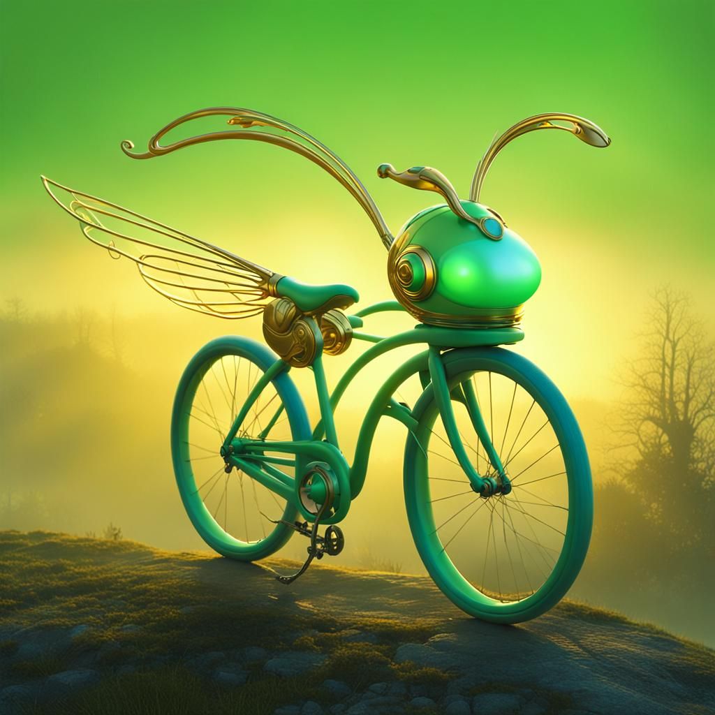 Sentient Bicycle Rides Through Misty Sunrise Landscape