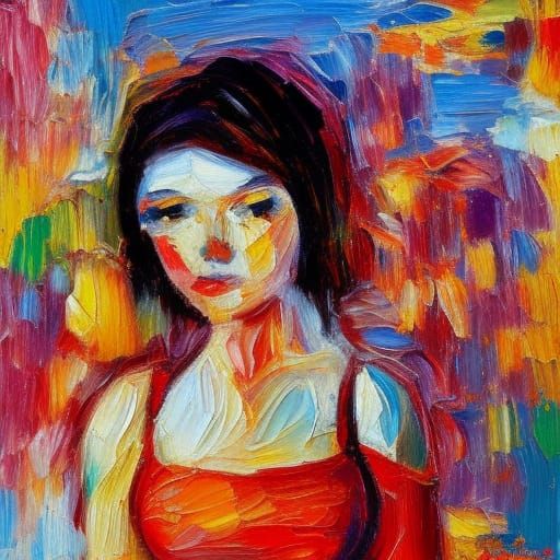 Girl in Red Dress as Expressionist Oil Painting
