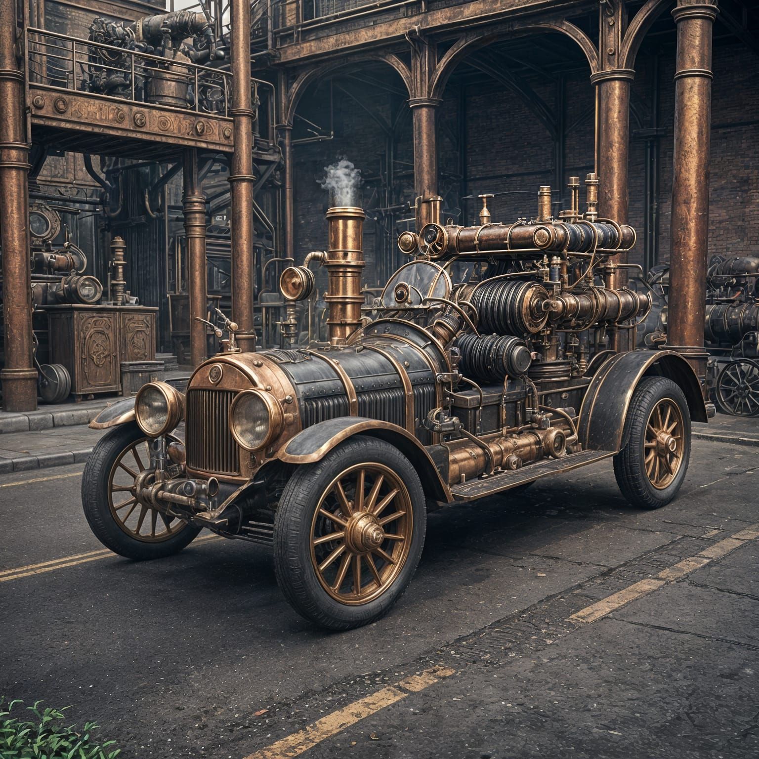 Steampunk Steam-Powered Car with Intricate Engine