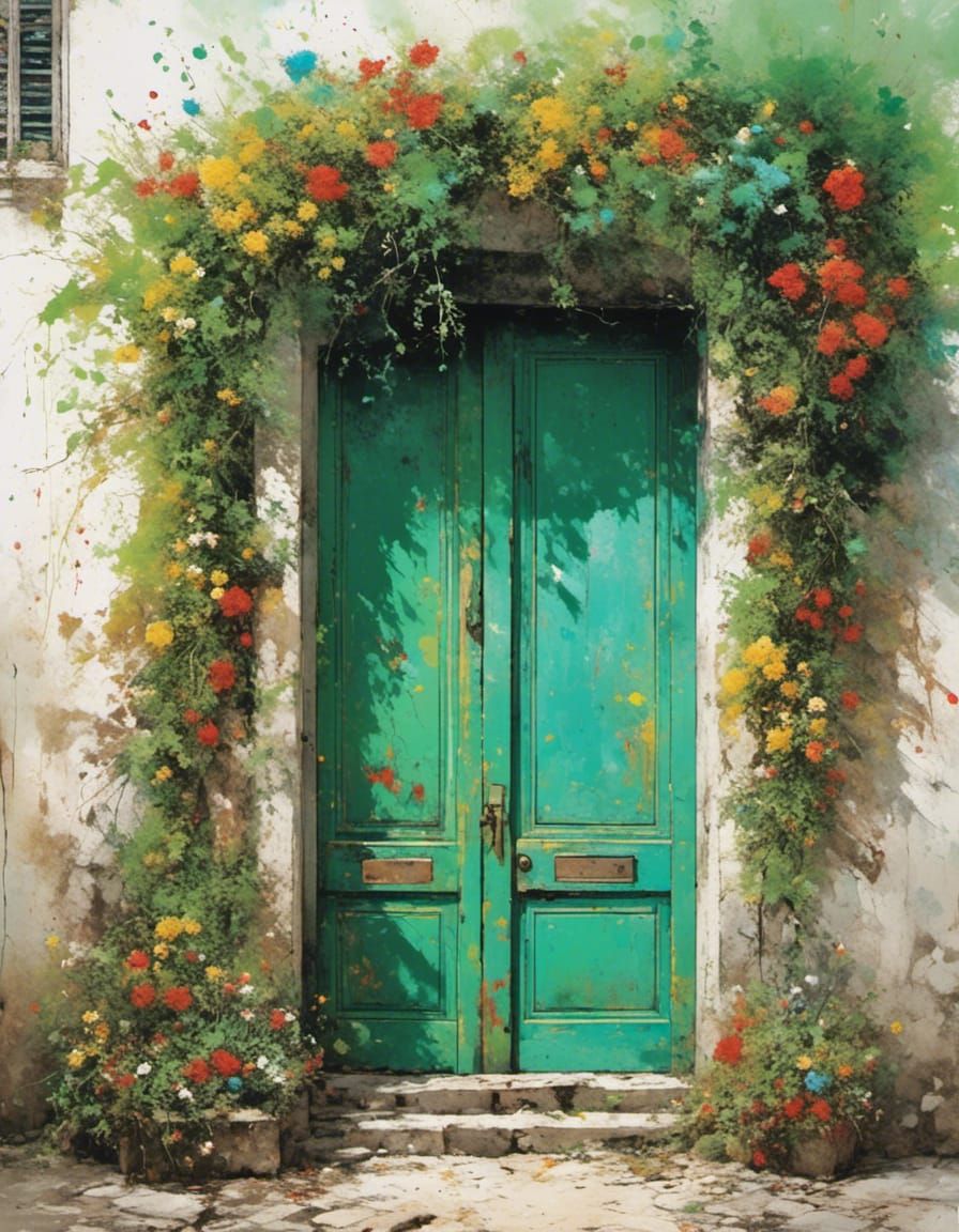 Graffiti Flowers Bloom on Old Green Door