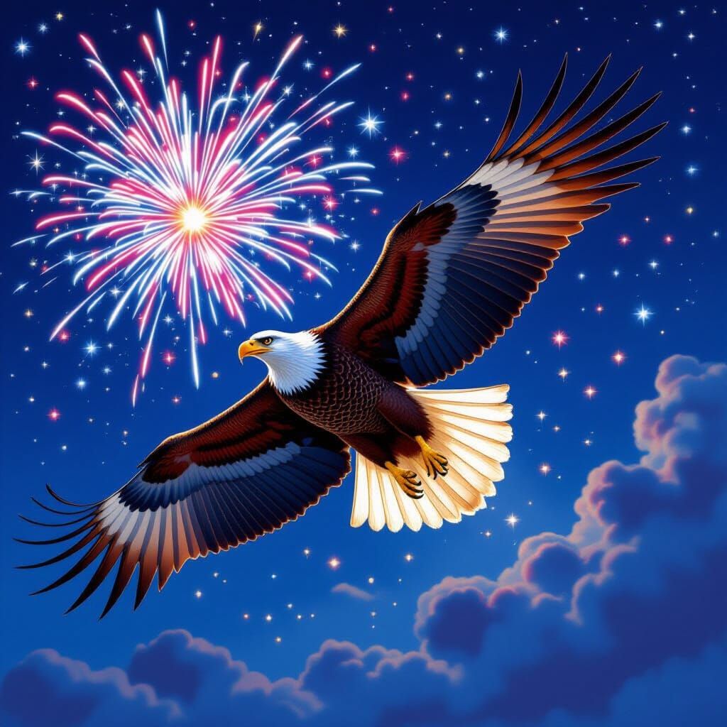 Red, White, Blue Eagle Soars Through Fireworks Night Sky