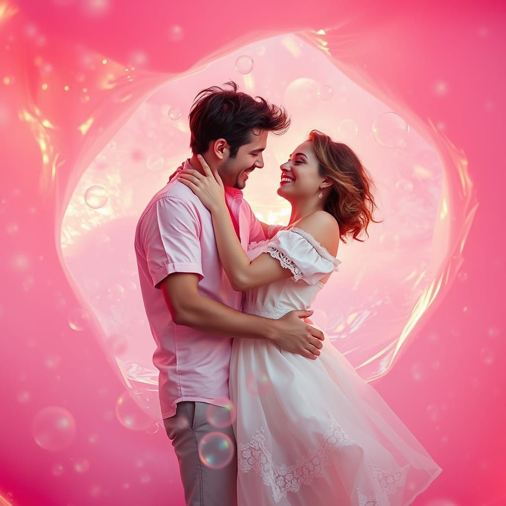 Ethereal Couple Basks in Whimsical Pink Bubblegum Wonderland