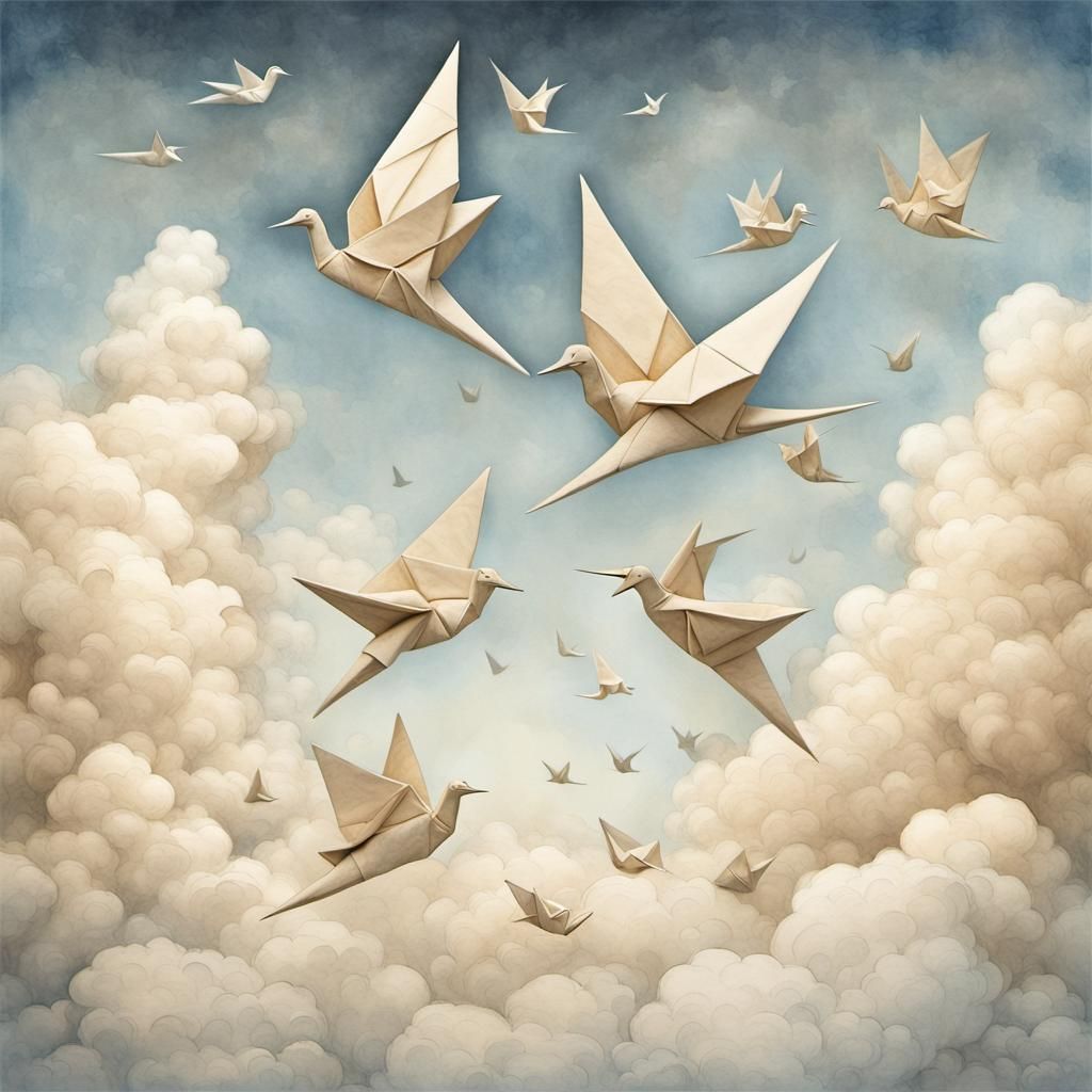 In the dreamlike realm of the sky, delicate origami birds emerge from ethereal clouds