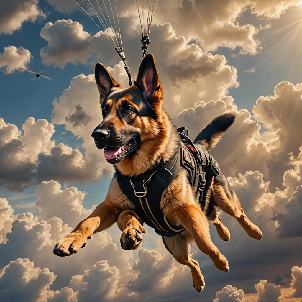 Hyper-Realistic Skydiving German Shepherd in Digital Art