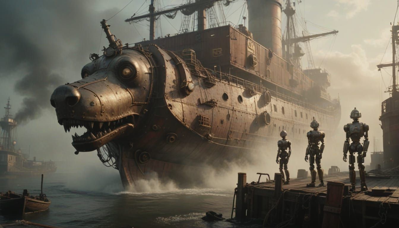 Steampunk Cargo Ship Enters Smoky Port with Robot Crew