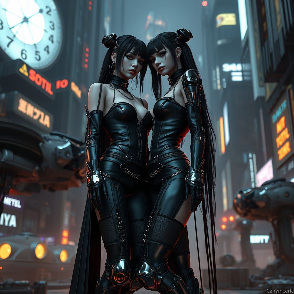 Goth Female Cyberpunk Lovers in Dystopian Cityscape