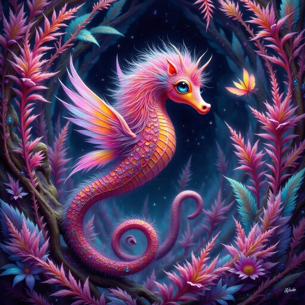 Iridescent Seahorse in Bioluminescent Cave, Ethereal Digital...
