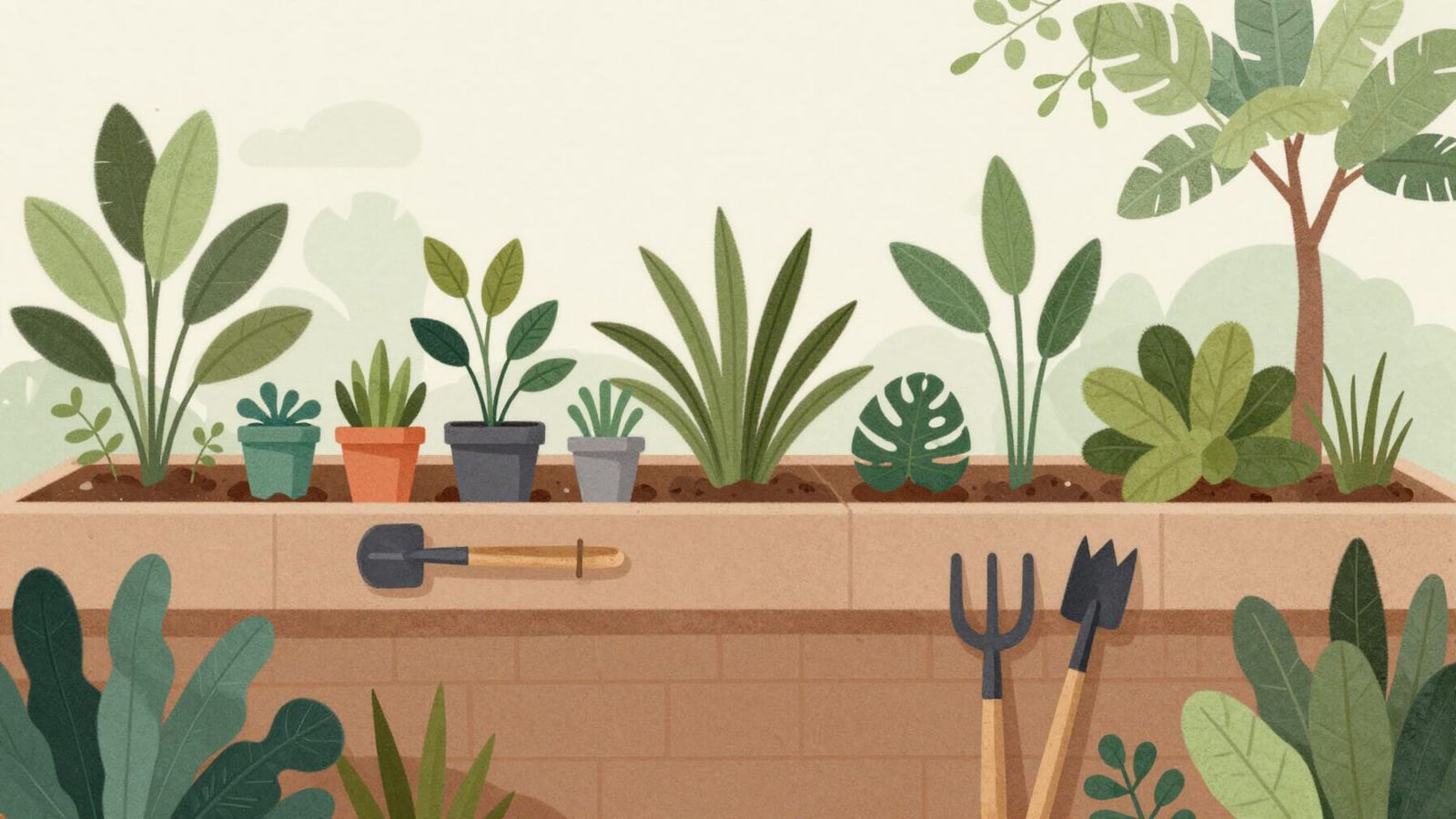 Calming Garden Scenes with Plants, Soil, and Tools