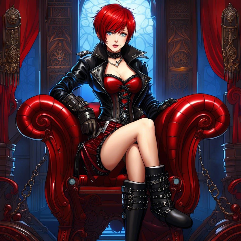 Anime Punk Girl with Red Hair and Blue Eyes