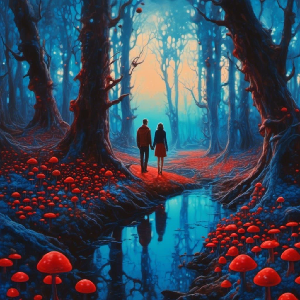 Psychedelic Art: Couple in Mystical Blue Forest