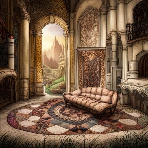 Fairy Tale Quilt in Sepia Ink and Watercolor